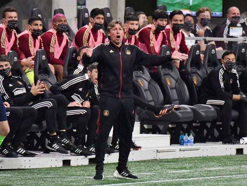 Atlanta United head coach Gabriel Heinze reacts during the first half in a MLS soccer match at Mercedes-Benz Stadium in Atlanta on Saturday, April 24, 2021. (Hyosub Shin / Hyosub.Shin@ajc.com)