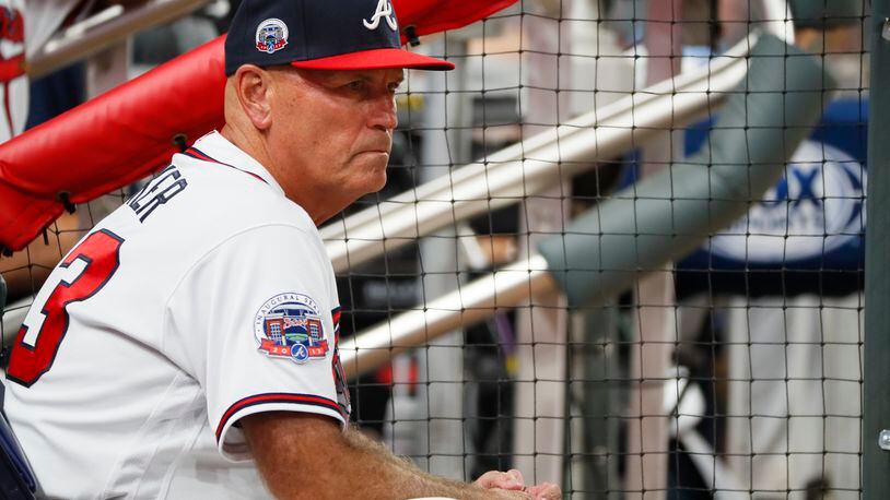 Braves manager Brian Snitker met Saturday with team officials, who say they’ve not decided yet whether to pick up or decline a 2018 option on his contract. (AP Photo/Todd Kirkland)