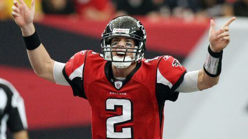 Falcons quarterback Matt Ryan changes the play call with an audible at the line of scrimmage during 1st half action against the Bears at the Georgia Dome in Atlanta, Sunday, Oct. 12, 2008.  CURTIS COMPTON / ccompton@ajc.com