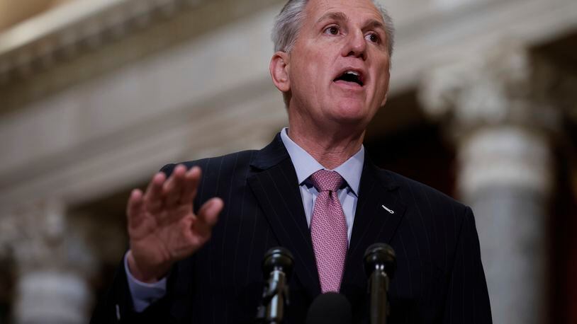 U.S. House Speaker Kevin McCarthy, R-Calif., at a news conference in Statuary Hall of the U.S. Capitol Building on Jan. 12, 2023, in Washington, D.C. He will meet with President Joe Biden on Wednesday to discuss the debt ceiling and other issues. (Anna Moneymaker/Getty Images/TNS)