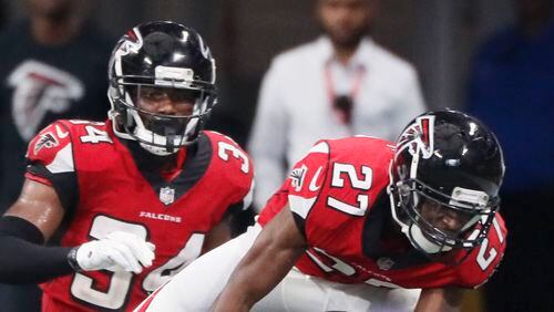 Atlanta Falcons defensive backs Damontae Kazee (27) and  Brian Poole (34) are expected to contribute against Pittsburgh Steelers.