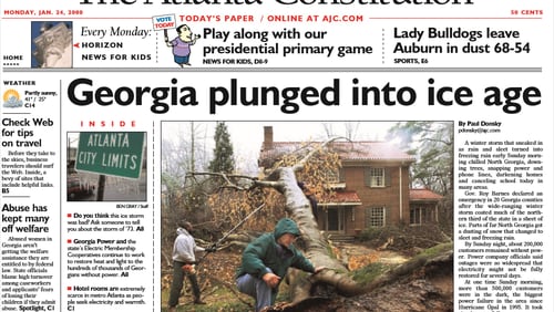 Super Bowl Week in 2000 started with an ice storm. The Atlanta Constitution front page on Monday, Jan. 24 proclaimed, "Georgia plunged into ice age," while other headlines promoted a special section for the upcoming Super Bowl. (AJC archives)