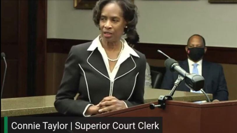 Cobb Superior Court Clerk Connie Taylor, being sworn in following her 2020 election victory and before making a bunch of money off passport application fees.