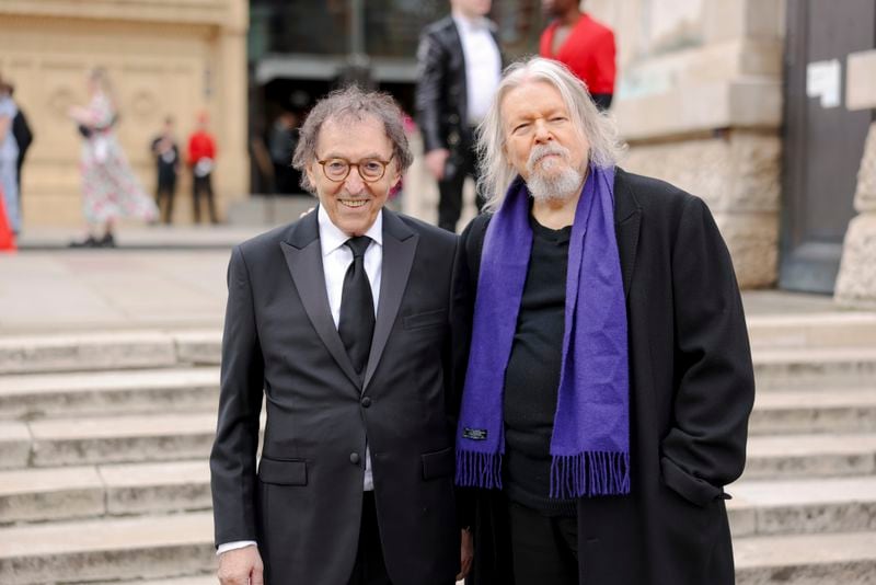 Don Black, left, and Christopher Hampton pose for photographers upon arrival at the Olivier Awards on Sunday, April 14, 2024, in London. (Photo by Vianney Le Caer/Invision/AP)