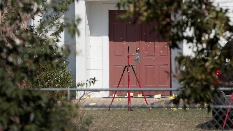 Bullet holes scar the front door of the First Baptist Church of Sutherland Springs. On November 5, a gunman, Devin Patrick Kelley, shot and killed the 26 people and wounded 20 others when he opened fire during a Sunday service at the church.  (Photo by Scott Olson/Getty Images)