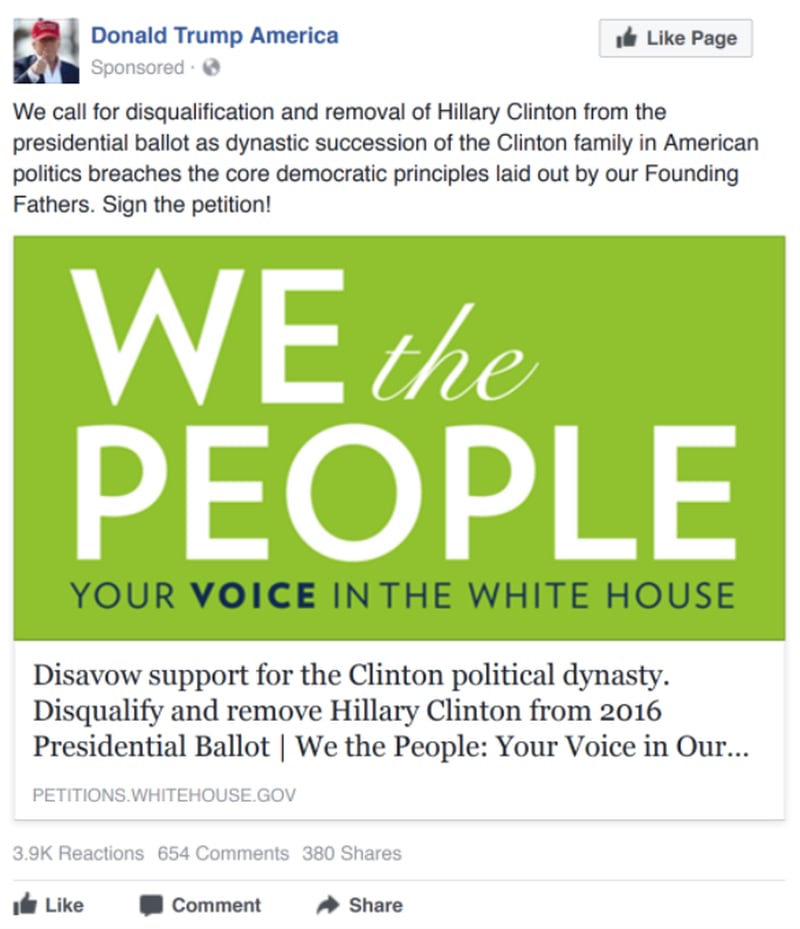 A Russian ad calls on Facebook users to sign a petition to remove Clinton from the ballot.
