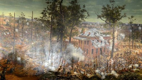 The Battle of Atlanta rages in perpetuity in the brush strokes of the Cyclorama. In this small scene from the massive oil painting, one of the world’s largest, armies of the North and South duke it out near the Troup Hurt House in what is now the Inman Park neighborhood (the house was torn down long ago). This photo was taken of the painting in 2013; it is was moved and reopened in 2019 at its new home at the Atlanta History Center. Photo by Kent D. Johnson/ kdjohnson@ajc.com