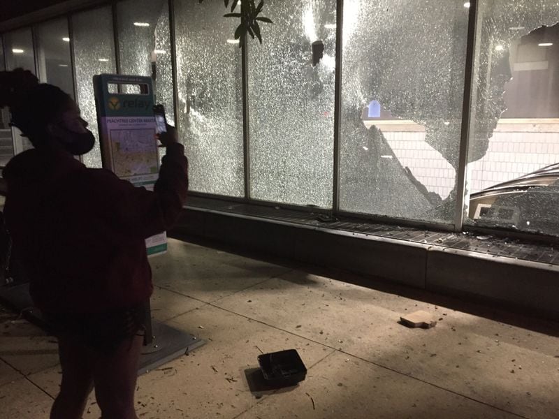 Windows were smashed at the Peachtree Center MARTA station Saturday, May 30, 2020.