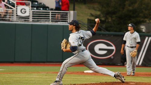 Georgia Tech pitcher Keyton Gibson pitched four innings of one-run relief in the Yellow Jackets’ 5-1 loss to Georgia Tuesday, April 11, 2017, in Athens. (Cory Cole/Georgia Sports Communications)