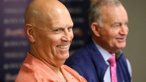 October 03, 2016 Atlanta:  Braves Interim Manager Brian Snitker smiles while sharing a laugh with President of Baseball Operations John Hart while discussing the 2016 season and the process of selecting a manager for the 2017 season on Monday, Oct. 3, 2016, in Atlanta. Snitker is a candidate for the job and said he would remain with the team if selected or not.   Curtis Compton /ccompton@ajc.com