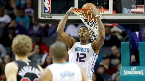 Dwight Howard of the Charlotte Hornets dunks the ball against the Chicago Bulls during their game at Spectrum Center on February 27, 2018 in Charlotte, North Carolina.   (Photo by Streeter Lecka/Getty Images)