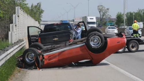 A pickup truck towing a Chevrolet Corvette jackknifed and threw the classic car from a trailer on Interstate 75 south Monday in Harrison Township, Ohio, police said.