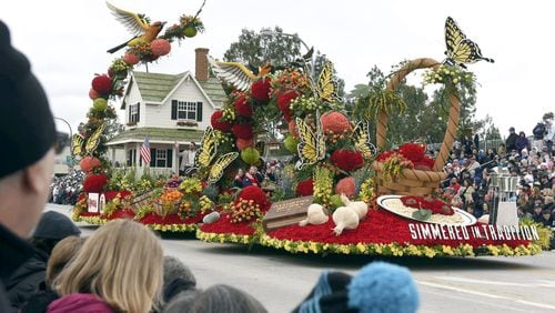 The RAGU Pasta Sauce “Simmered in Tradition” float is the most recent winner of the Rose Parade’s National Trophy for best depiction of life in the U.S.A., past, present or future. This year’s parade is scheduled to begin at 8 a.m. Jan. 1, but some streets around the parade will be closed — even to foot traffic — by 6:30 a.m. (AP Photo/Michael Owen Baker)