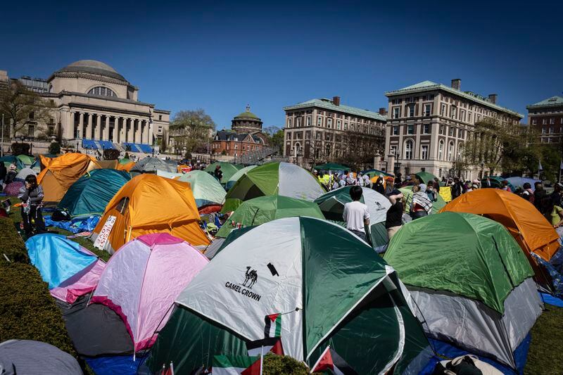 Tents stand erected at the Pro-Palestine protest encampment at the Columbia University campus in New York on Monday April 22, 2024. (AP Photo/Stefan Jeremiah) (AP Photo/Stefan Jeremiah)