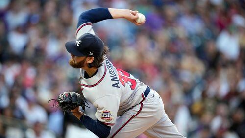 Atlanta Braves starting pitcher Ian Anderson works against the Colorado Rockies in the first inning of a baseball game Saturday, Sept. 4, 2021, in Denver. (AP Photo/David Zalubowski)
