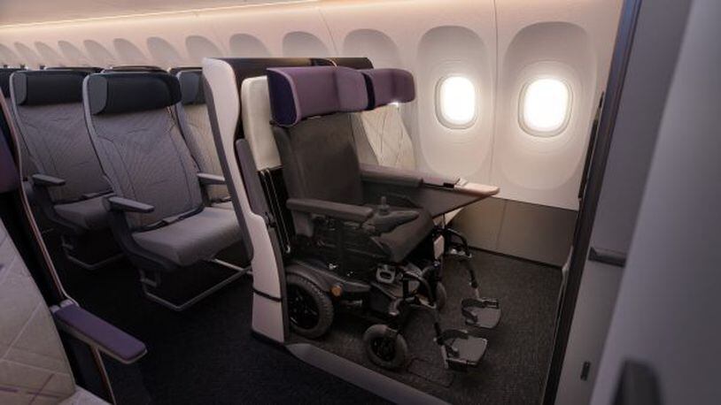 Delta Flight Products has been working with consortium Air4All on a prototype of an airplane seat that converts to a wheelchair restraint to allow passengers in powered wheelchairs to remain in their wheelchairs on flights. Source: Delta
