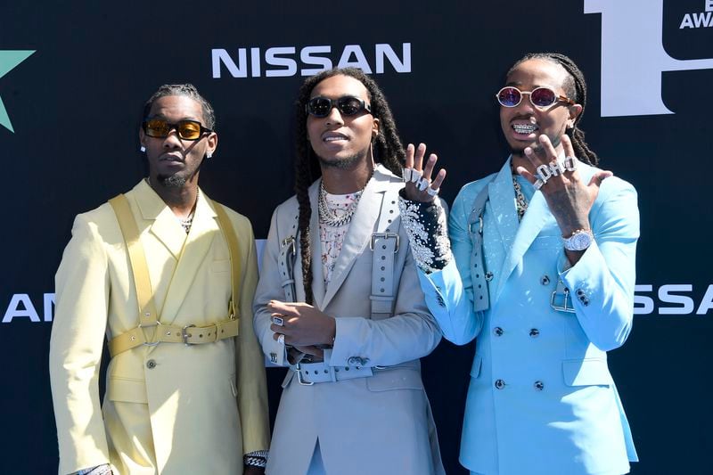 From left, Offset, Takeoff and Quavo of Migos attend the 2019 BET Awards on June 23, 2019, in Los Angeles. (Frazer Harrison/Getty Images/TNS)