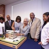 In 2015, baseball legend Hank Aaron and his wife, Billye Suber Aaron, announced a $3 million gift to Morehouse School of Medicine to expand the Hugh Gloster Medical Education building and create the Billye Suber Aaron Student Pavilion. The gift was presented during the school’s 40th anniversary and 31st fall convocation, white coat and pinning ceremony. (Courtesy of Morehouse School of Medicine)