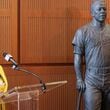Billye Aaron, Hank Aaron’s widow, looks at the statue as she speaks during the unveiling of the Hank Aaron statue by the grand staircase at the National Baseball Hall of Fame, Thursday, May 23, 2024, in Cooperstown, NY. (Jason Getz / AJC)
