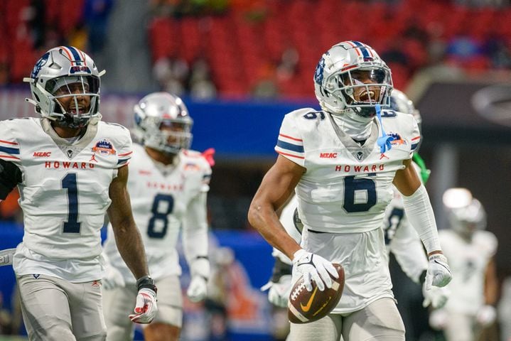 Howard defensive back Carsoton (6) celebrates his fumble reccovery against Florida A&M in the Celebration Bowl at Mercedes Benz Stadium in Atlanta, Georgia on Dec. 16, 2023. (Jamie Spaar for the Atlanta Journal Constitution)