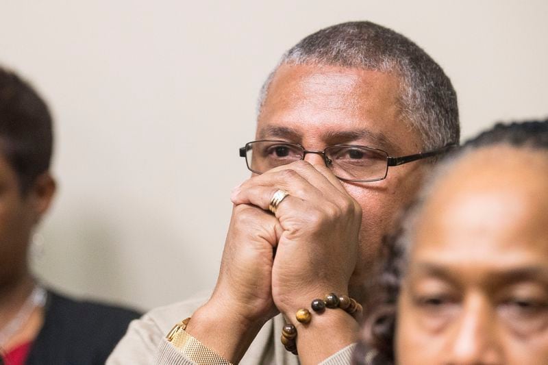 10/14/2019 -- Decatur, Georgia -- Anthony Hill Sr., father of fatal shooting victim Anthony Hill, listens as the verdict for Robert "Chip" Olsen is read aloud in DeKalb County Superior Court. On the sixth day of jury deliberations the jury found Olsen not guilty of felony murder in the 2015 killing of mentally ill Afghanistan War veteran Anthony Hill. But jurors delivered guilty verdicts on four lesser felonies: two counts of violation of oath of office, aggravated assault and making a false statement. (Alyssa Pointer/Atlanta Journal Constitution)