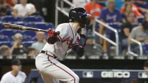 Braves center fielder Ender Inciarte hits an RBI double to score Max Fried during the tenth inning against the Miami Marlins, Sunday, May 5, 2019, in Miami.