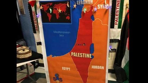 This edited map, which replaces Israel with Palestine, was displayed during Autrey Mill Middle School's multicultural night in Alpharetta on Thursday, March 7, 2019. The principal denounced it in a letter to parents the next day. (Courtesy of Fulton County Schools)