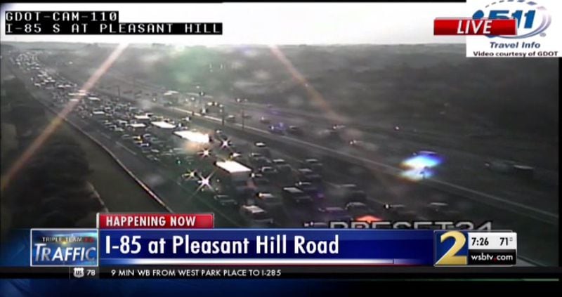 There were “parking lot conditions” on I-85 South at Pleasant Hill Road. (Credit: Channel 2 Action News)