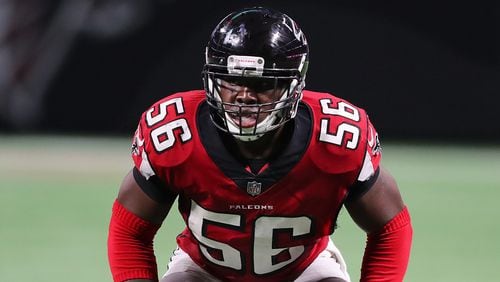 Falcons linebacker Jermaine Grace during second half action against the Jaguars in a NFL preseason football game on Thursday, August 31, 2017, in Atlanta.    Curtis Compton/ccompton@ajc.com