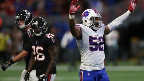 Buffalo Bills middle linebacker Preston Brown (52) to a win over the Atlanta Falcons during the second half of an NFL football game, Sunday, Oct. 1, 2017, in Atlanta. The Buffalo Bills won 23-17. (AP Photo/John Bazemore)