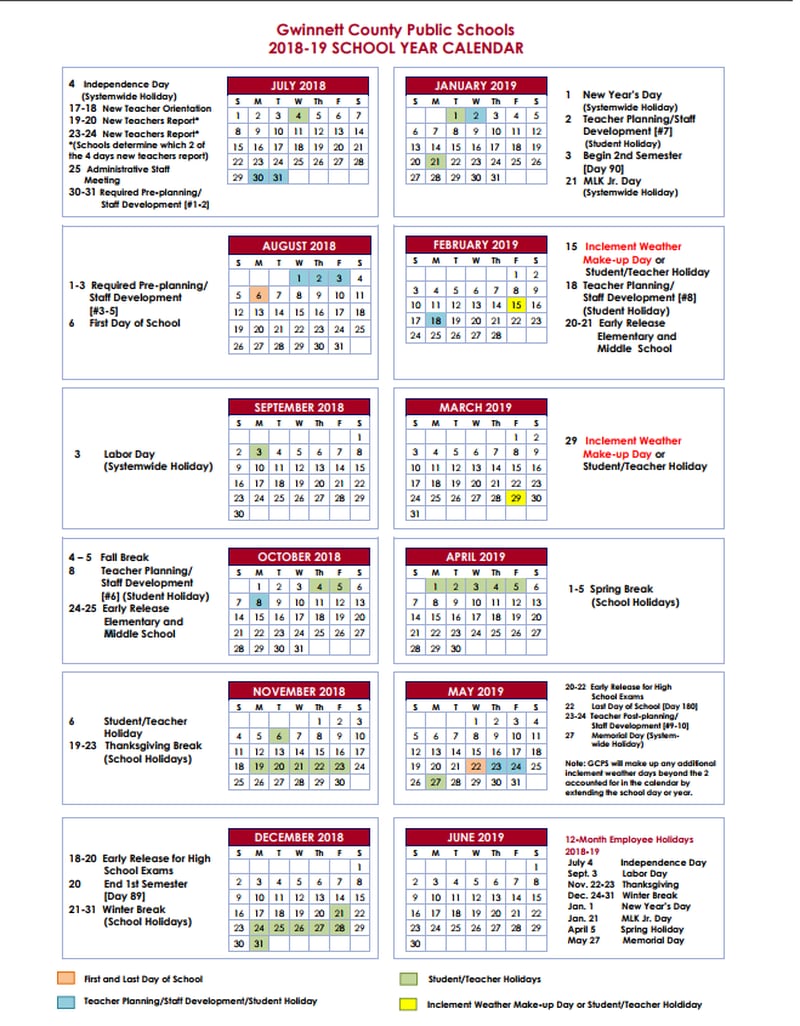 Gwinnett County Public Schools has released its calendar for the 2018-2019 school year.