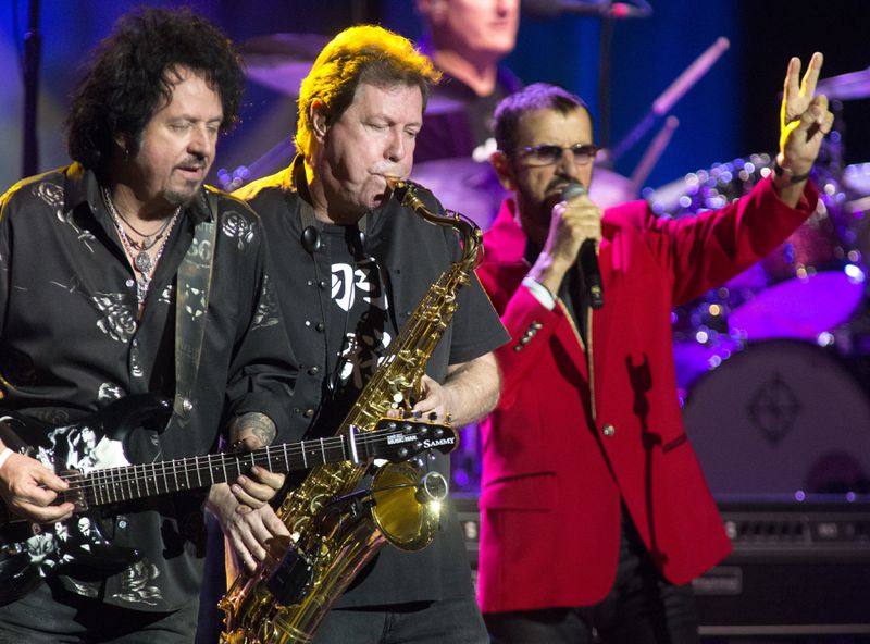 Steve Lukather, left, Warren Ham and Ringo Starr perform in concert with Ringo Starr and His All Starr Band at The Met on Wednesday, Aug. 14, 2019, in Philadelphia. (Photo by Owen Sweeney/Invision/AP)