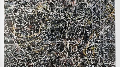 Artist Cheryl Goldsleger’s work appears in a new solo exhibition at Westside gallery Sandler Hudson, which includes “Osculate” in mixed media on linen.