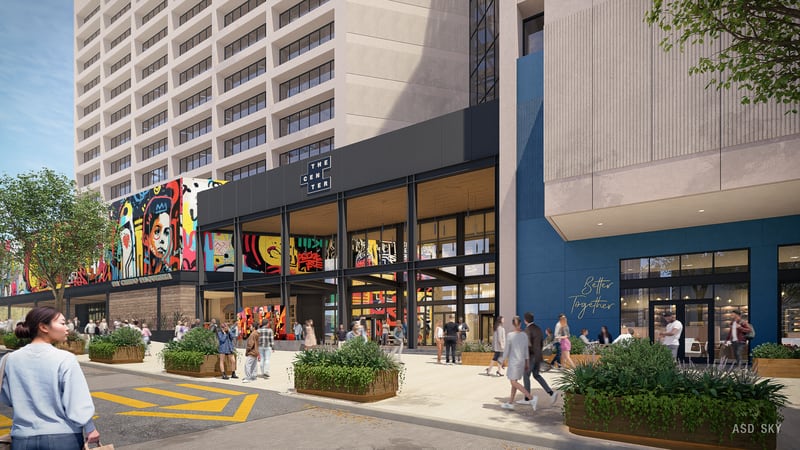 This is an early concept rendering of "The Center," the rebranded office and retail complex formerly known as CNN Center in downtown Atlanta.