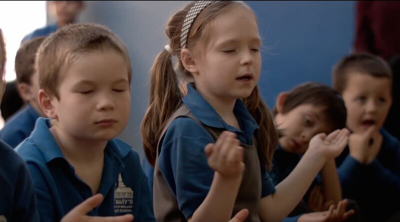 An image from the "Just Pray" ad banned by British theaters.