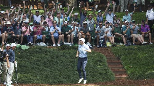 Seamus Power reacts after making a hole in one on the 9th hole during the par-3 tournament during the 2023 Masters Tournament at Augusta National Golf Club, Wednesday, April 5, 2023, in Augusta, Ga. Powers had two hole-in-ones, back to back on the 8th and 9th holes. Jason Getz / Jason.Getz@ajc.com)