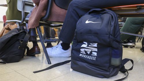 A detail of a student’s backpack is shown during the Eddie Gaffney lecture series about mental health at Dansby Hall on the Morehouse College campus, Tuesday, October 17, 2023, in Atlanta. (Jason Getz / Jason.Getz@ajc.com)
