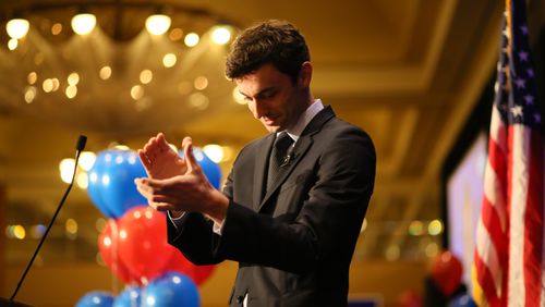 Democrat Jon Ossoff before a crowd of supporters on Tuesday night. AJC file