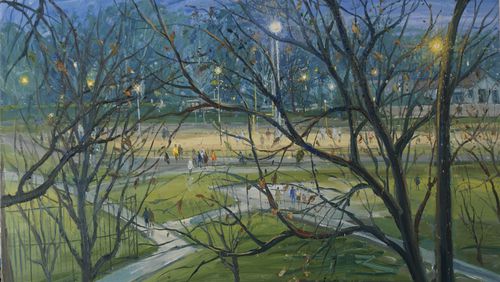 "Playing Fields at Lakebottom Park" by Bruno Zupan depicts a park in Columbus.