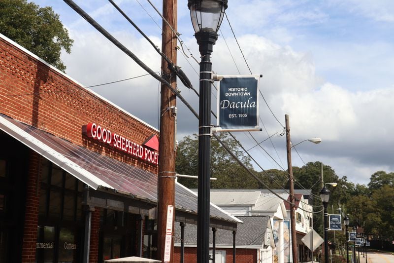 Dacula, a city in Gwinnett County, is currently home to about 6,900 residents. The small downtown strip on Winder Highway consists of a few shops. (Tyler Wilkins / tyler.wilkins@ajc.com)