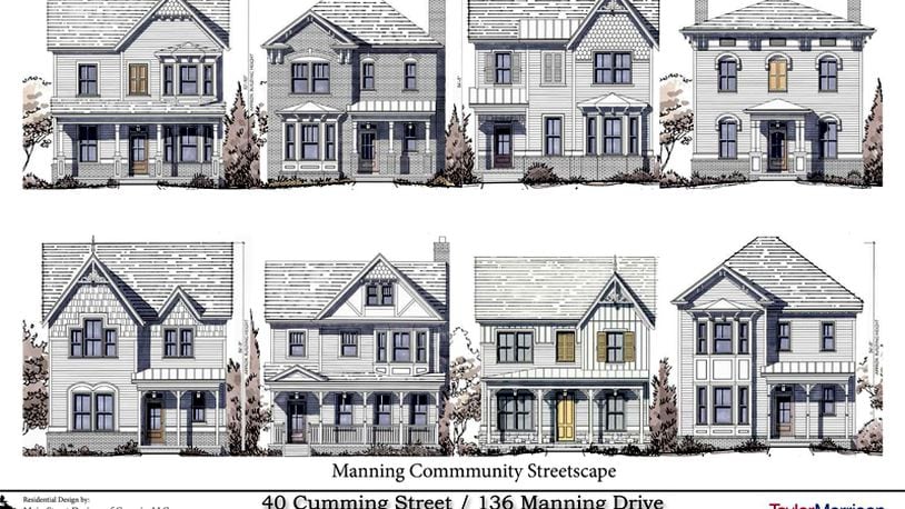 Artist’s renderings depict the designs proposed by Taylor Morrison for a 58-home project on Cumming Street in downtown Alpharetta. CITY OF ALPHARETTA