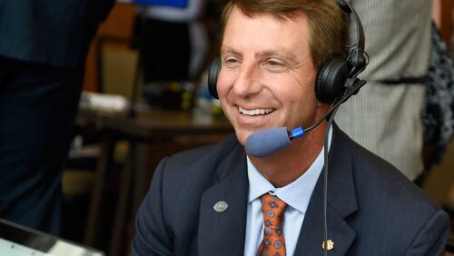 Clemson coach Dabo Swinney has plenty to smile about as he runs the interview gauntlet at the ACC Football Kickoff on Wednesday. (Photo by Sara D. Davis, the ACC)