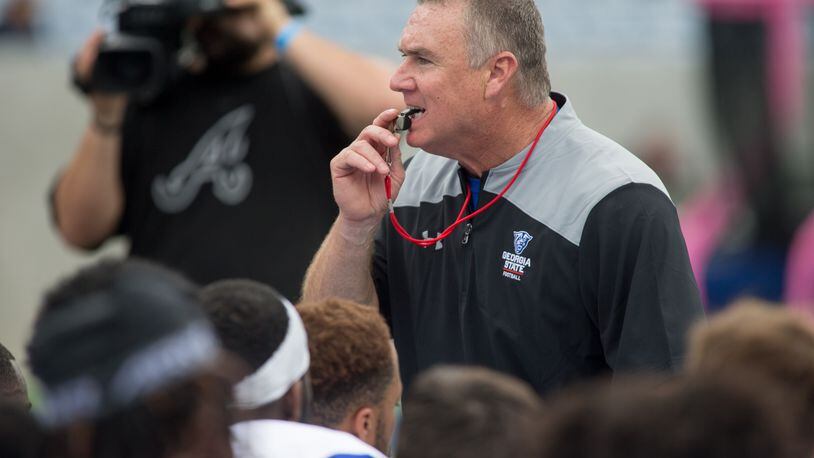 Head Coach Shawn Elliot talked to the team after the game as Panther fans got their first look at the 2019 Georgia State University football team in action during the annual Blue-white Spring Game at Georgia State Stadium in Atlanta on Saturday April 13th, 2019. (Photo by Phil Skinner)
