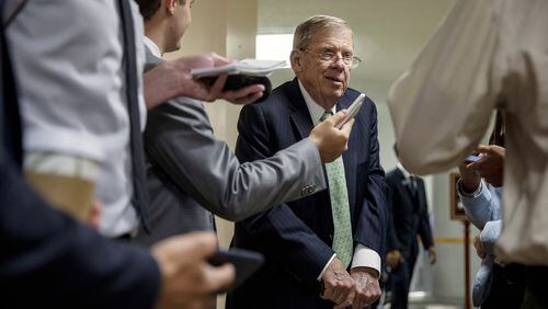 Sen. Johnny Isakson (R-Ga.) speaks to reporters at the Capitol on July 9th, 2019. Isakson announced on Wednesday, Aug. 28, 2019, that he will resign his seat at the end of the year. (Anna Moneymaker/The New York Times)