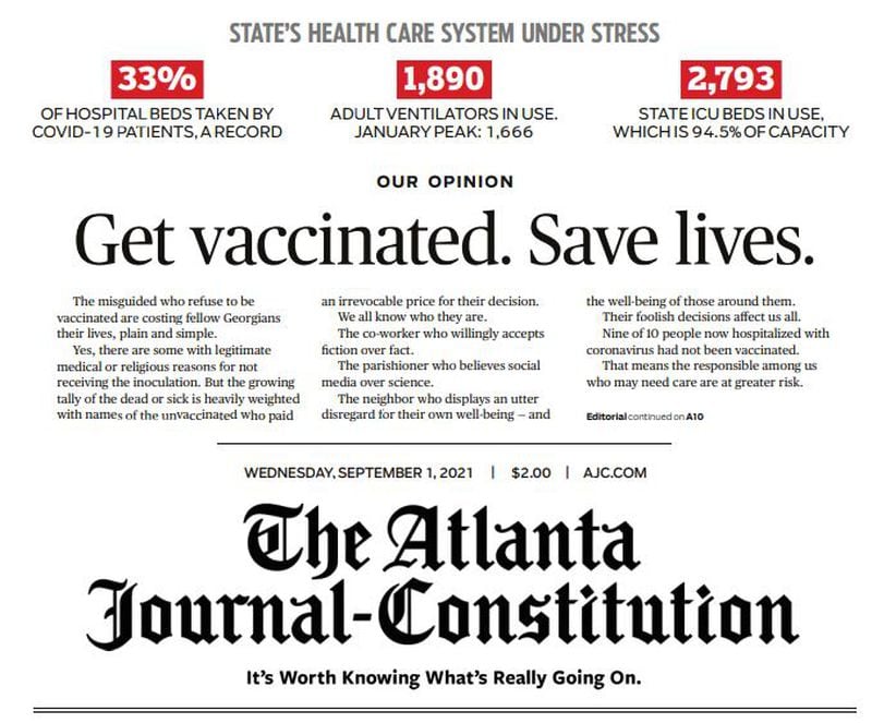 This editorial appears on the front page of  The Atlanta Journal-Constitution on Wednesday Sept. 1, 2021. (AJC ePaper)