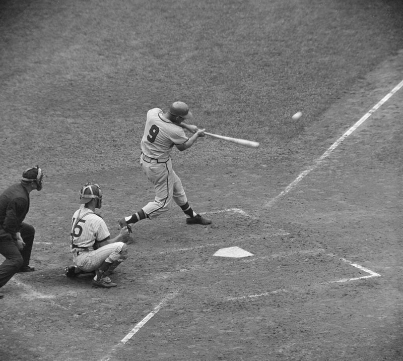 Milwaukee Braves first baseman Joe Adcock is pictured at bat against he Chicago Cubs in Chicago, July 18, 1958. (AP Photo)