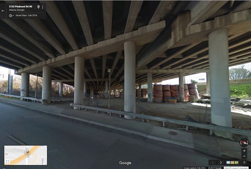 FEBRUARY 2016: This image from Google Maps Street View shows the underneath of I-85 where the interstate passes over Piedmont Road, looking to the northeast. (Google Maps Street View)