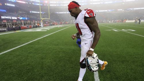 Falcons wide receiver Julio Jones walks off the field falling 23-7 to the Patriots during the Super Bowl rematch in a NFL football game on Sunday, October 22, 2017, in Foxborough.   Curtis Compton/ccompton@ajc.com