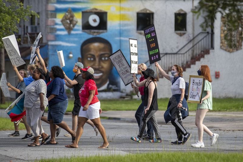 Ahmaud Arbery supporters participate in an impromptu peaceful march in Brunswick, Thursday, June 4, 2020. A judge found probable cause against 3 suspects in the Ahmaud Abrery case. The case will now be bound over to the Georgia Superior Court. (ALYSSA POINTER / ALYSSA.POINTER@AJC.COM)