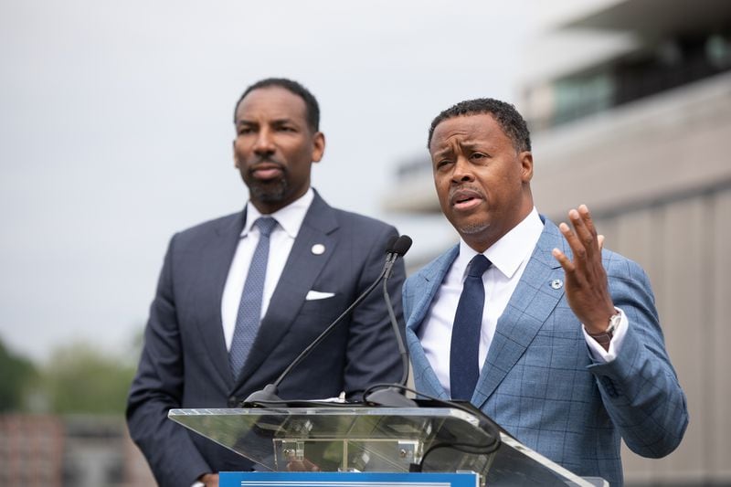 President and CEO of BeltLine, Inc. Clyde Higgs and Atlanta Mayor Andre Dickens announce on April 24, 2024 that a majority of the Beltline's main trail will be completed by the 2026 FIFA World Cup games. Riley Bunch/AJC